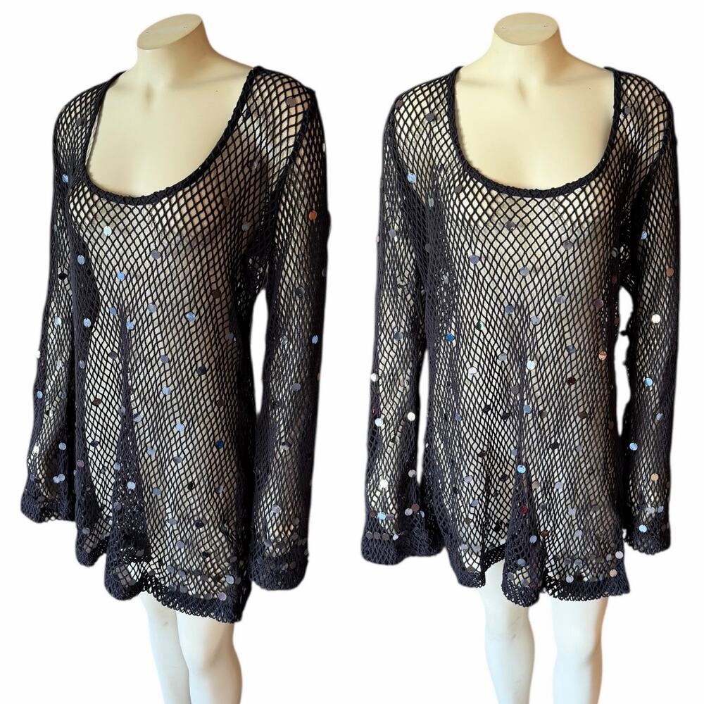 Celandine Long Sleeve Sheer Sequin Mesh Coverup Mini Dress XL